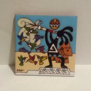 Vintage Earthtones Southwestern Kokopelli Hummingbird Terracotta Tile